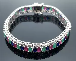 JEWELLERY HUNTING BRACELET 925/- SILVER RHODIUM PLATED WITH MULTI GEMSTONES - Picture 1 of 4