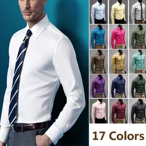 Camisa de vestir para hombre ajustada manga larga cuello botón informal formal negocios Prendas para el torso - Imagen 1 de 30