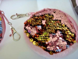 4" Mermaid Pink & Gold Sequins Scale Clip Zipper Coin Purse Earbud Bag - Picture 1 of 2