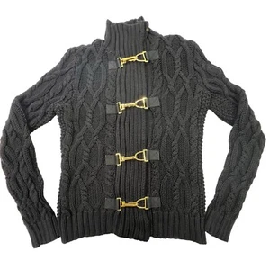 Cárdigan Ralph Lauren Negro Tejido con Cable Suéter Chaqueta Pequeño Dorado Cremallera Completa - Imagen 1 de 9