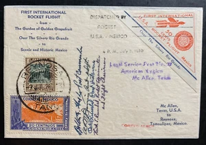 1936 McAllen USA First Flight Rocket Mail cover FFC To Reynosa T Mexico Signed O - Picture 1 of 2