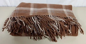 Vintage Pendleton Blanket 64"x 51" Fringe Brown White Blue Plaid 100% Wool USA - Picture 1 of 6