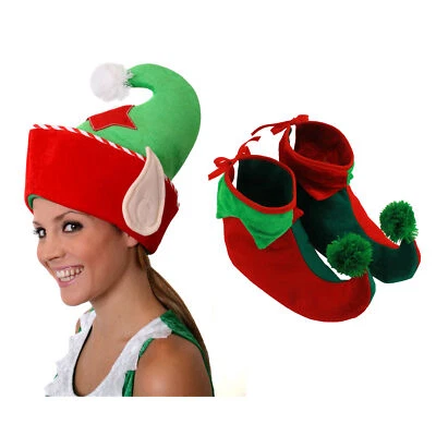 ELFENSTIEFEL MÜTZE SET WEIHNACHTEN PIXIE GNOM WEIHNACHTSMANN KLEINER HELFER UNISEX KOSTÜM