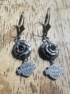 Harley Davidson MOD Sterling Silver Flower & Ruby Dangle Shield Logo Earrings - Picture 1 of 7