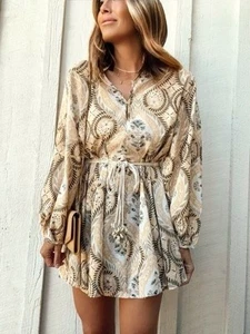 H & M CREAM BEIGE GREY MACRAME FLORAL BALLOON SLEEVE BOHO MINI SHIRT DRESS 16 - Picture 1 of 21