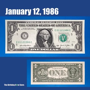 January 12, 1986 Birthday Anniversary $1 One Dollar Bill Serial Number 01121986 - Picture 1 of 2