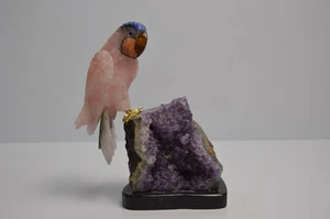 Pietra intagliata rosa quarzo pappagallo viola ametista cristallo base uccellino decorazione - Foto 1 di 19