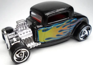 1998 HOT WHEELS '32 FORD BLACK 1:64 DIECAST 2 3/8" HOT ROD CAR W/ YELLOW FLAMES - Picture 1 of 6