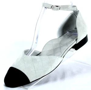 CHANEL 20S NIB Light Gray & Black Quilted Suede Logo Detail Low Flats 38 - Picture 1 of 15