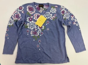 QVC Bob Mackie Pastel Purple Floral Pearl Embroidered Sweater Size L - Picture 1 of 6