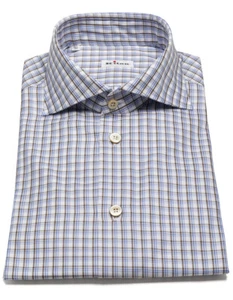 Kiton Hemd in Braunbeige/Blau kariert mit Haikragen - Picture 1 of 14