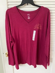 NWT Sonoma Long Sleeve Everyday Tee V-Neck Wine "Shine On" T-Shirt, Size 4X - Picture 1 of 3