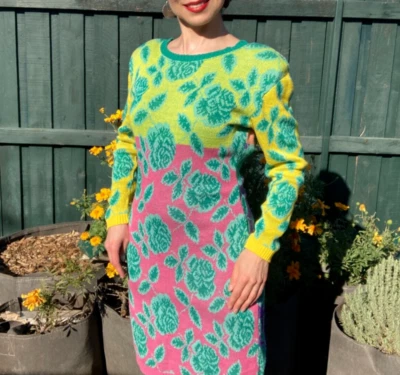 Vintage Betsey Johnson Color Block Rose Knit Sweater Dress - Image 1 of 4