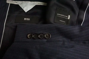 Hugo Boss The James/Sharp Blue Striped 100% Wool 2 Pc Suit Jacket Pants Sz 44L - Picture 1 of 13