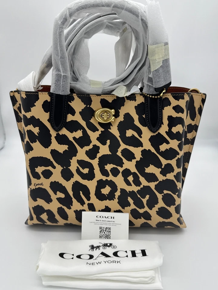 Authentic COACH Leather WILLOW 24 Tote Shoulder/Crossbody Leopard/Gold CM533