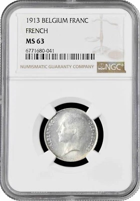Bélgica 1 franco 1913 francés, NGC MS63, "Rey Alberto I (1910 - 1934)" moneda de plata Foto 1 de 2