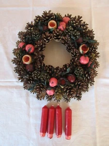 Adventskranz, Strohkranz mit Tannenzapfen, Holzkerzenhalter, Kerzen - Bild 1 von 6