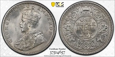 INDIA - BRITISH , SILVER 1 RUPEE 1916 C - PCGS MS 63 ( 33 ) , RARE - Image 1 of 3