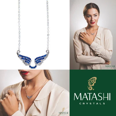 Collar enchapado en rodio de 16" con alas de ángel extendidas y cristales azules de Matashi Foto 1 de 4