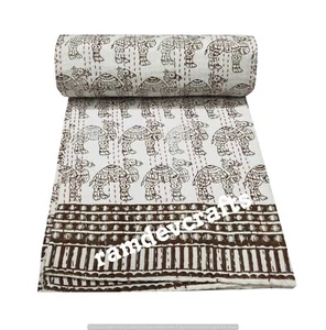 Indian Handmade Quilt Vintage Kantha Bedspread Throw-Cotton Blanket Camel Print - Picture 1 of 6