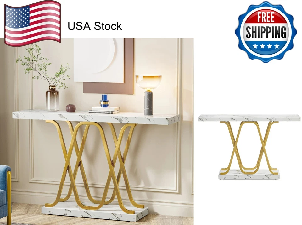 Modern Faux Marble Wood Console Table Entryway Hallway Table with Metal Base 39" - Image 1 of 4