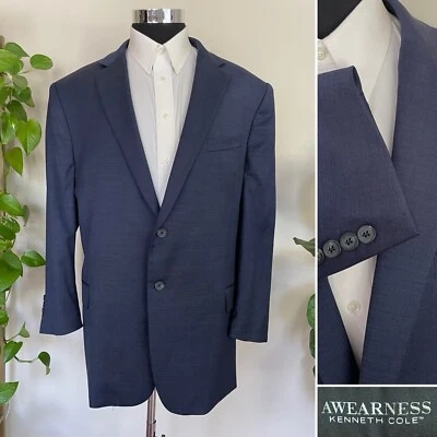 Kenneth Cole Awearness Mens Two Button Blue Blazer Wool Sport Coat Jacket 48R - Image 1 of 4