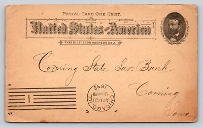 1891 UX10 Postal Card 1c William Deering & Co CHICAGO IL To CORNING Bank IA - Image 1 of 4