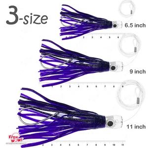 3pcs 6.5" 9" 11" Fishing cup Trolling Marlin skirt rig Resin Head Purple Black - Picture 1 of 8