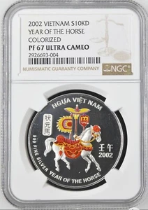 2002 Vietnam 10000 Dong Silver Colorized ~ NGC PF 67 UC ~ Year Of The Horse - Picture 1 of 5