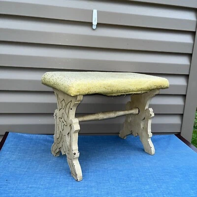 Vintage 1968 Stool Bench Wooden Carved White - Image 1 of 4