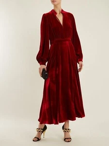 Women Red Velvet Swing Dress Long Sleeve Cocktail Party Maxi Dress Ball Gown - Picture 1 of 5