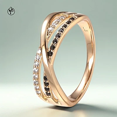 Ring Vergoldet Rosegold Gold 585 Rolled mit weißen und schwarzen Zirkonia - Bild 1 von 4