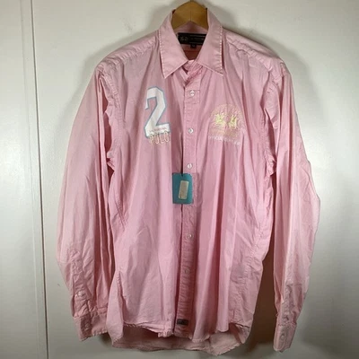 NUEVO CON ETIQUETAS Polo La Martina Saddlery #2 L/S Camisa Abotonada Rosa Para Hombre’s Parches M Foto 1 de 4