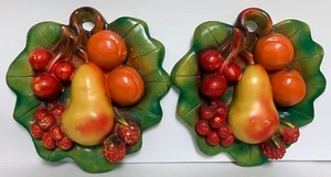 VINTAGE FRUIT WALL HANGING PLAQUES CHALKWARE MATCHING PAIR BERRIES PEAR CHERRY - Picture 1 of 6