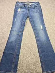 Rue 21 Jeans Womans 7/8 Blue Denim Curvy Distressed Whiskered Flare Leg Casual - Picture 1 of 16