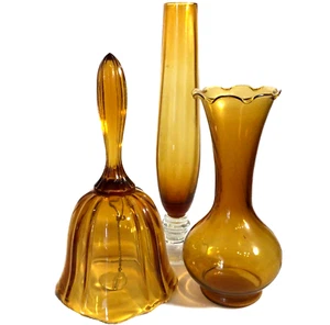 AMBER GLASS VASES AND BELL LOT OF 3 FLUTED SWIRLS VINTAGE - Picture 1 of 9