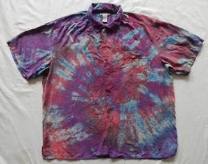 Silk Tie Dye Purple Blue Short Sleeve Button Up Shirt - 2XLT Hand Made Tall 2XL - Picture 1 of 5