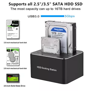 USB 3.0 to Dual SATA Hard Drive Dock Station for 2.5/3.5 Inches HDD SSD Clone - Picture 1 of 8
