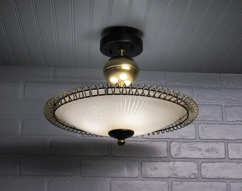 Vintage Mid Century Glass Light Semi Flush Mount Restored Black and Brass 17" D Cover