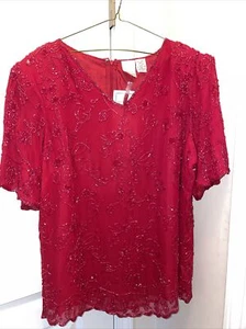 Roamans Women Size 16W Red Beaded Silk Top Shortsleeved Zipped NWT - Picture 1 of 6