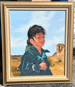 Vintage Porträt eines indianischen Kindes Kunst Ölgemälde von D Morin - Bild 1 von 12