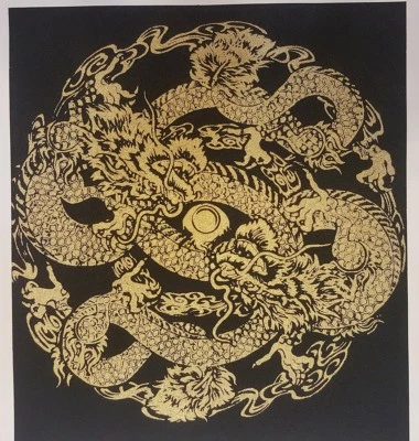 Black Thai Art Silk Painting Poster Print 2 Gold Dragon Animal Asian Home Decor - Image 1 of 4