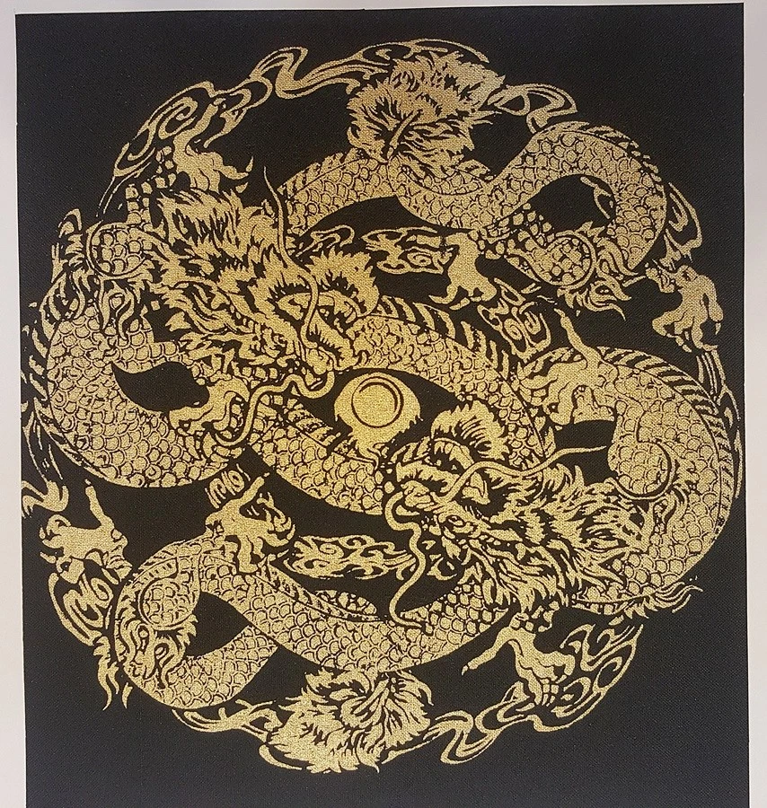 Black Thai Art Silk Painting Poster Print 2 Gold Dragon Animal Asian Home Decor - Image 1 of 4