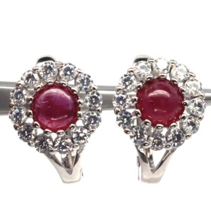 925 Sterling Silver 4 MM. Red Ruby & White Zircon Earrings White Gold Plated - Picture 1 of 4