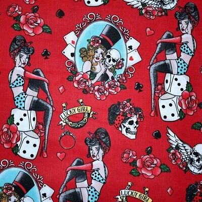 BonEFul Fabric FQ Cotton Quilt VTG Red Black White B&W Lady Sexy Wild Card Poker - image 1 of 4