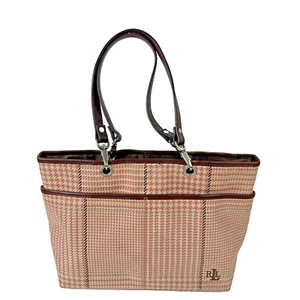 LRL Ralph Lauren Small Tote Bag 8X10 Peach Pink Brown Houndstooth Plaid - Picture 1 of 14