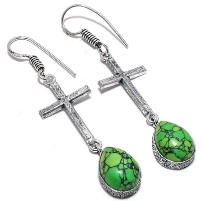 Cross - Green Turquoise Gemstone 925 Sterling Silver Earring 2.6" a476 - Image 1 of 4