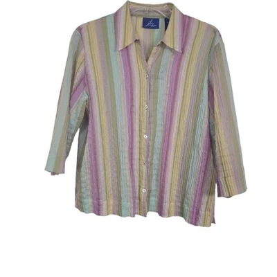 JG Collection Women Pastel Stripe Semi Sheer Button Down Blouse Retro Causal PL - Image 1 of 4