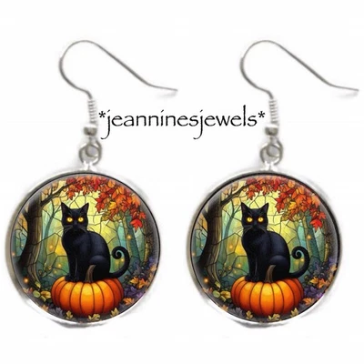 Серьги-тыквы с черным котом на Хэллоуин из искусственного витражного стекла с серебряным принтом - Изображение 1 из 4