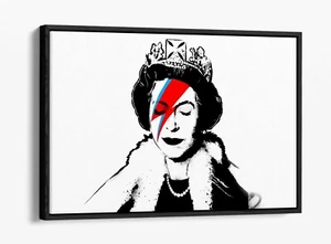 BANKSY QUEEN DAVID BOWIE -FLOAT EFFECT CANVAS WALL ART PIC PRINT- BLACK & WHITE - Picture 1 of 12